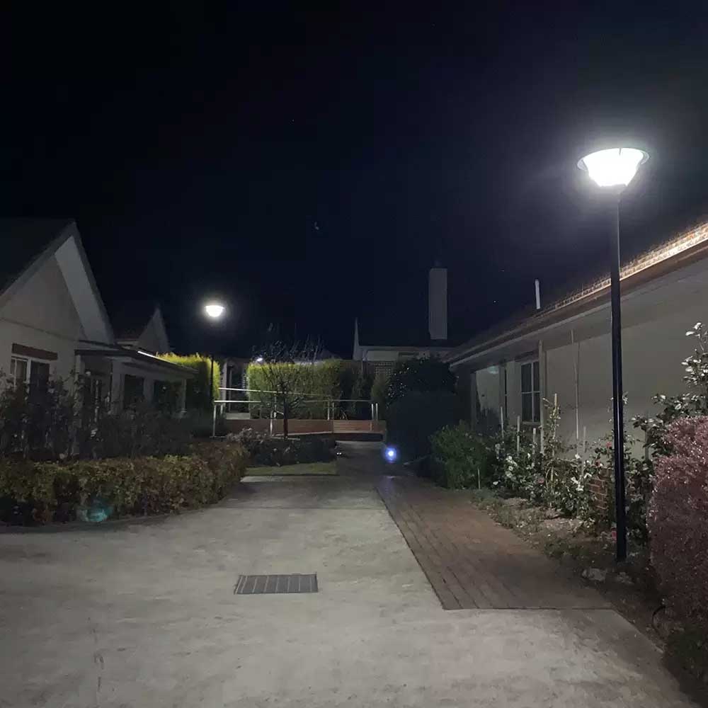 Solar bollard lights and solar landscape light at Village